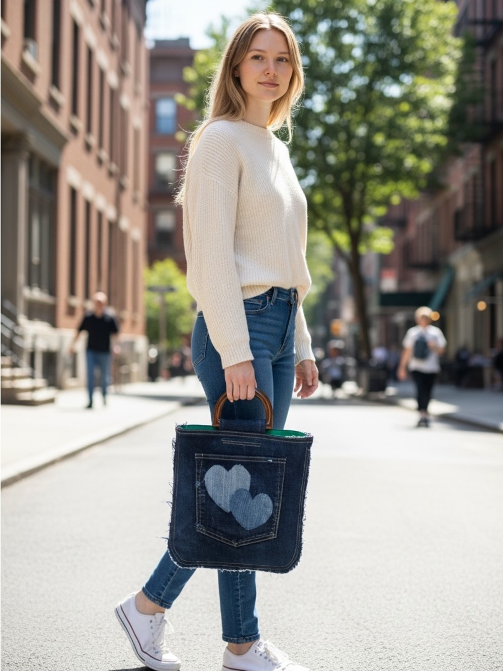 Denim Heart Patch Tote Bag with Brown Handles